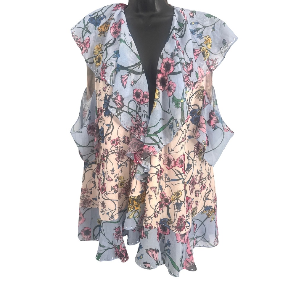 Juicy Couture Wrap Top Women's XL Wildflower Print Cold Shoulder Ruffle Sleeve